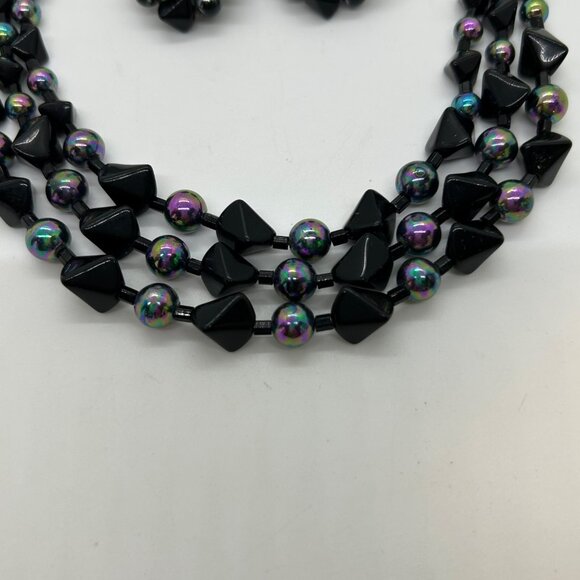Vintage Japan Black Iridescent Bead Necklace Clip-On Earrings Set Elegant READ - Picture 5 of 14